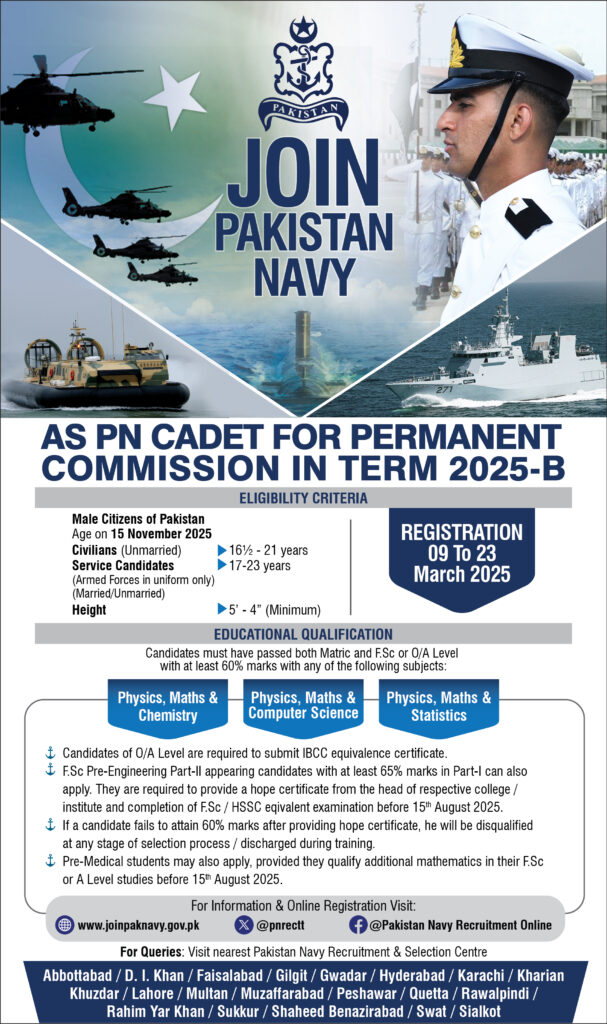 Join Pak Navy 2025 as PN Cadet Permanent Commission